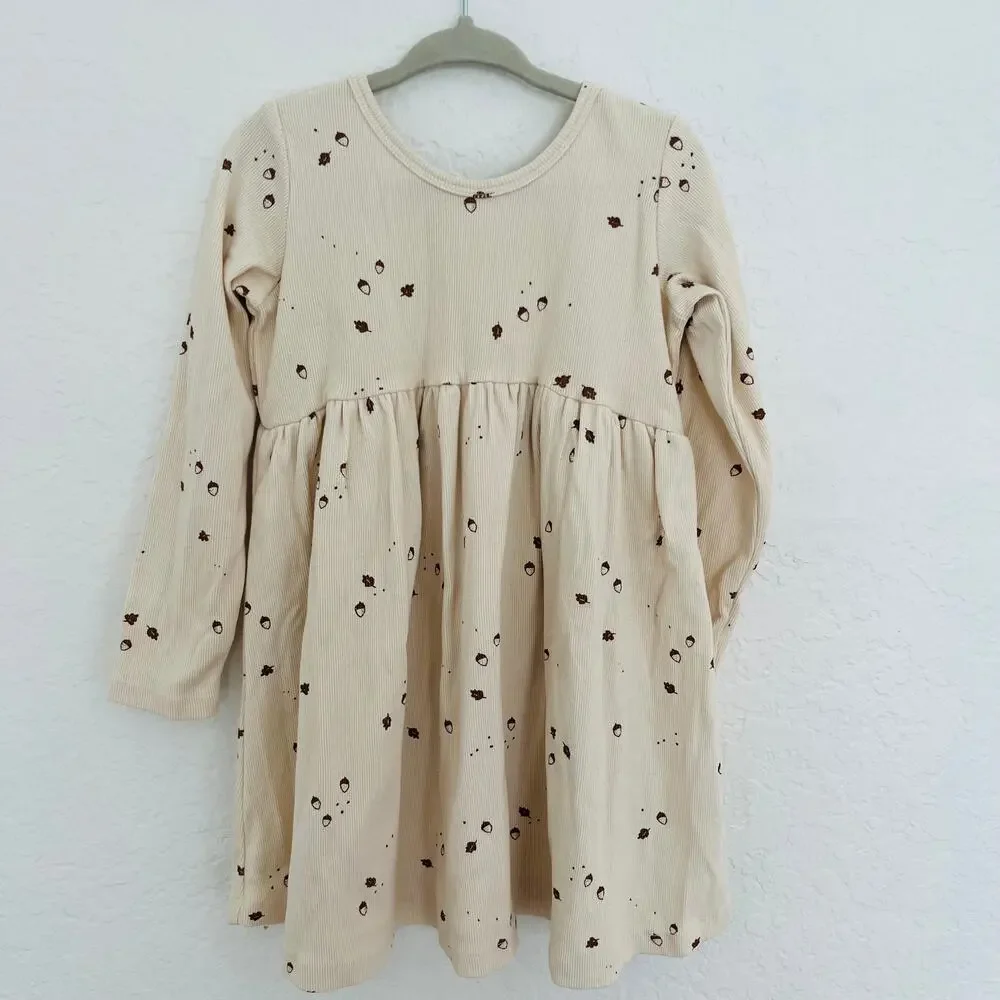 Quincy Mae Cream Ribbed Acorn Leaf Long Sleeve Twirl Dress Size 4/5T